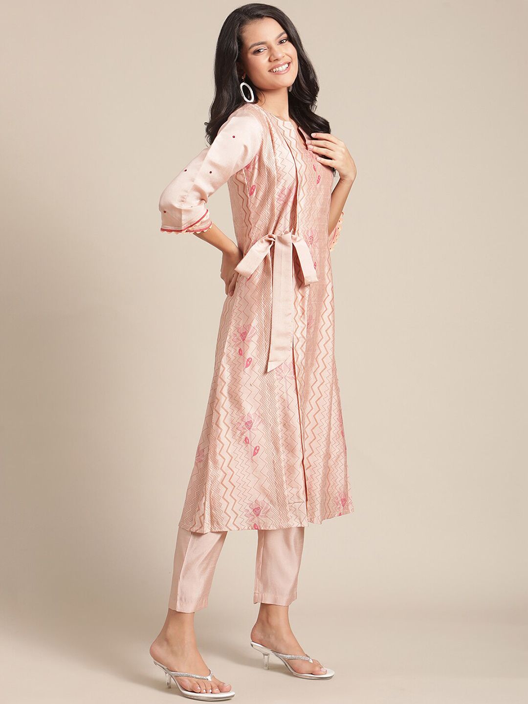 Indyancart VA Women's Peach-Coloured Printed Regular Kurta with Trousers