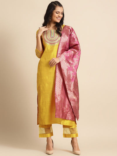 Indyancart VA Women's Mustard Yellow & Pink Embroidered Kurta with Trousers & Dupatta