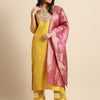 Dhiyona VA Women's Mustard Yellow & Pink Embroidered Kurta with Trousers & Dupatta
