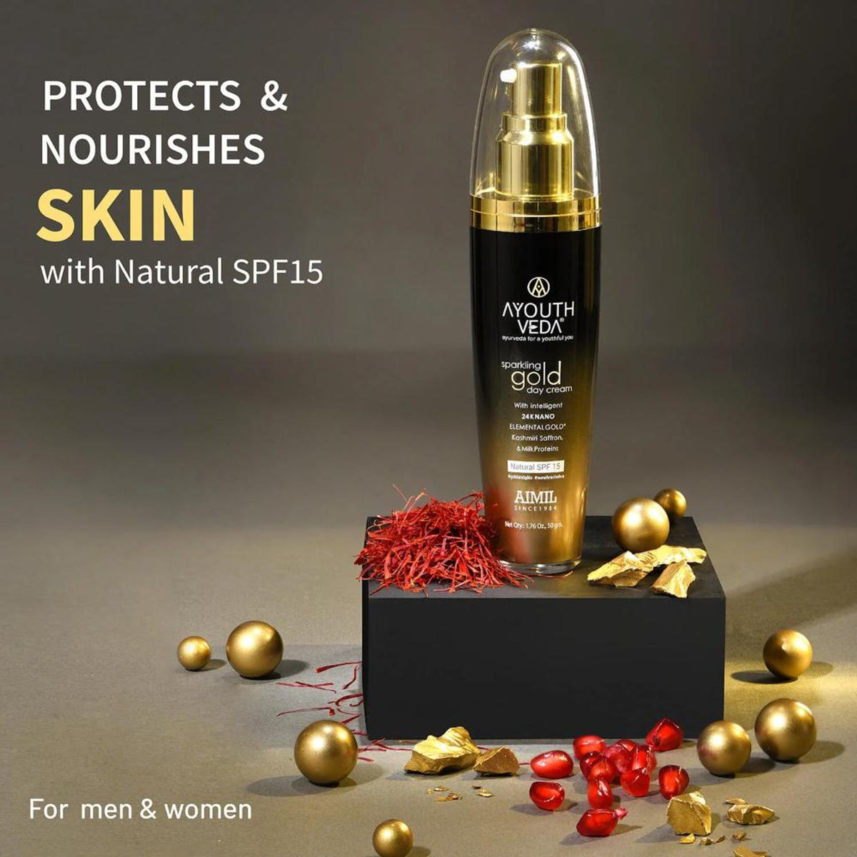 AyouthVeda Sparkling Gold Day Cream with 24K nano gold, saffron, and lotus for radiant, youthful skin.