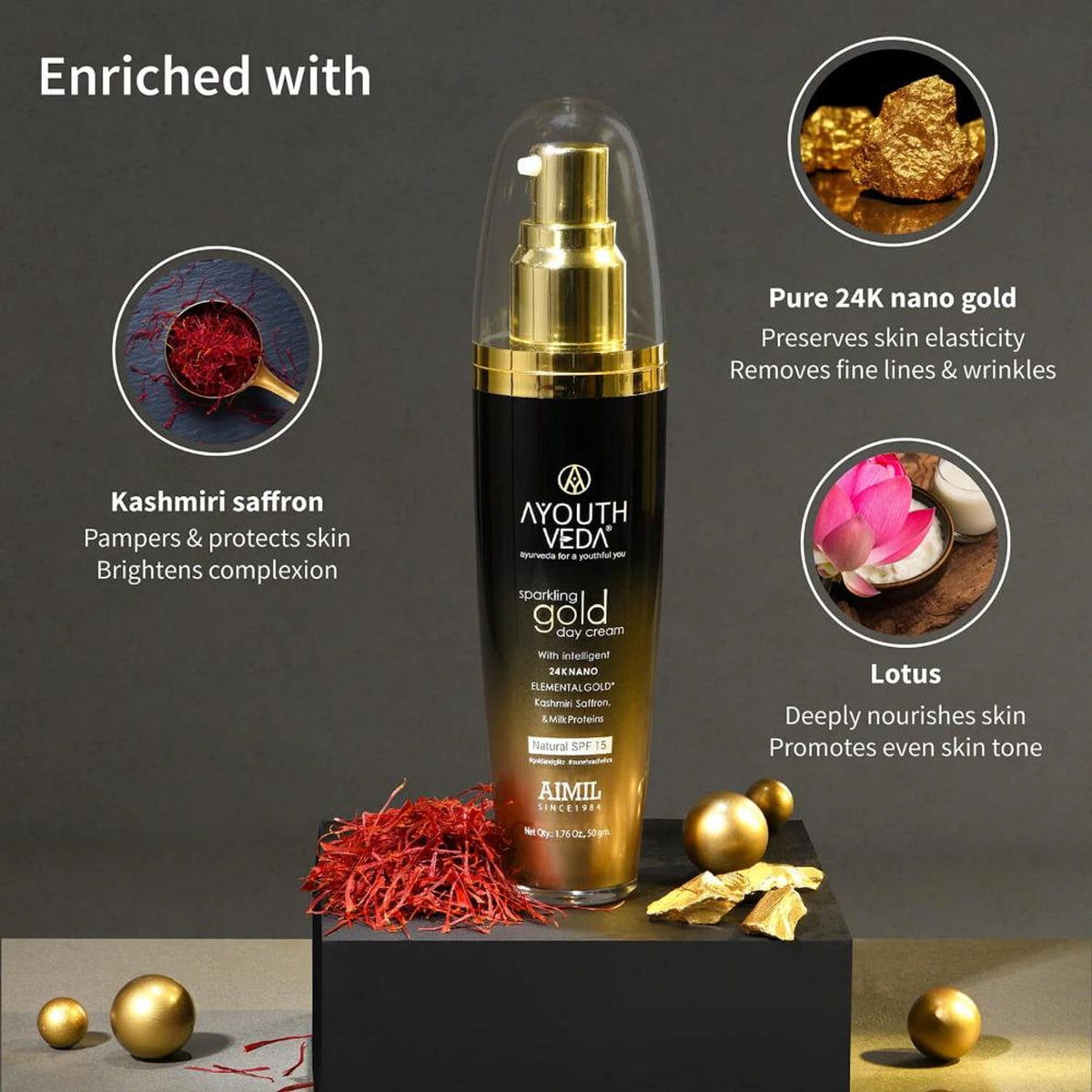 AyouthVeda Sparkling Gold Day Cream with 24K Nano Gold, saffron, and lotus for radiant, youthful skin.