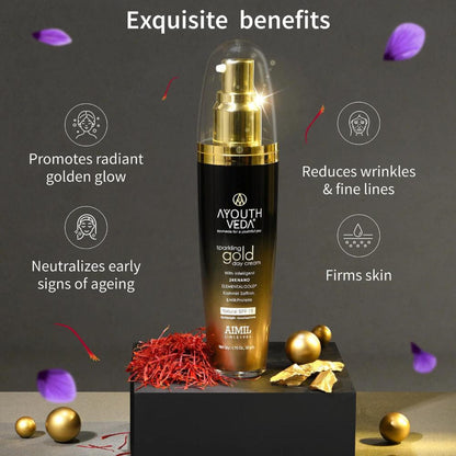 AyouthVeda Sparkling Gold Day Cream with 24K Nano Gold, saffron, and lotus for radiant, youthful skin.