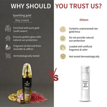 AyouthVeda Sparkling Gold Day Cream with 24K nano gold, saffron, and lotus for radiant, youthful skin.
