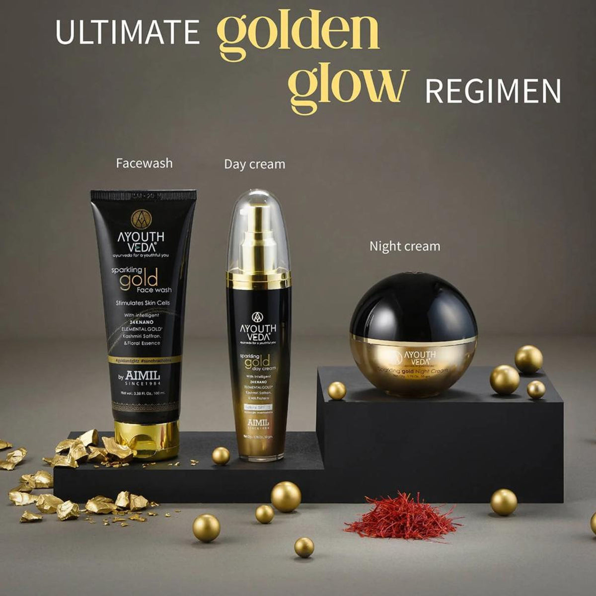 AyouthVeda Sparkling Gold Day Cream with 24K nano gold, saffron, and lotus for radiant, youthful skin.