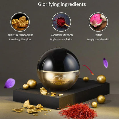 Sparkling Gold Night Cream with Kashmiri Saffron & 24k Gold to Reduce Wrinkles & Firm Skin