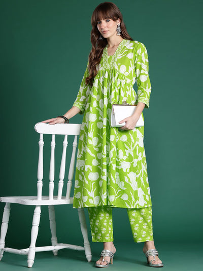 Indyancart IE Floral Printed Empire Sequinned Pure Cotton Kurta with Trousers