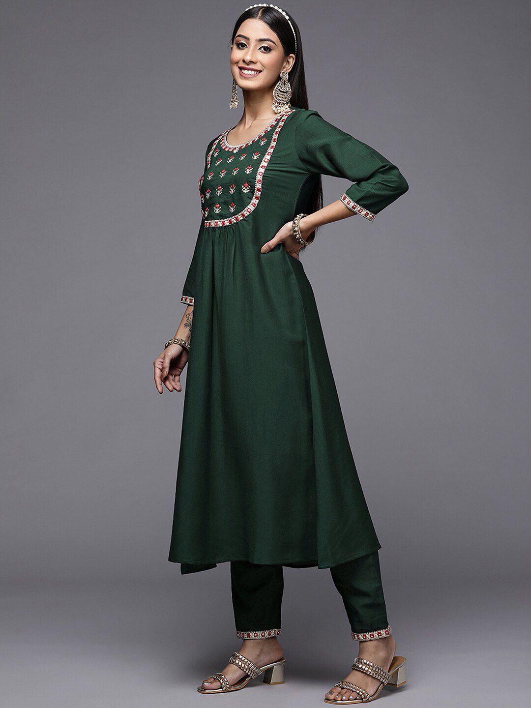 Indyancart IE Floral Embroidered Mirror Work Anarkali Kurta With Trousers & Dupatta