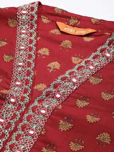 Indyancart IE Ethnic Motifs Embroidered Mirror Work Pure Cotton Kurta