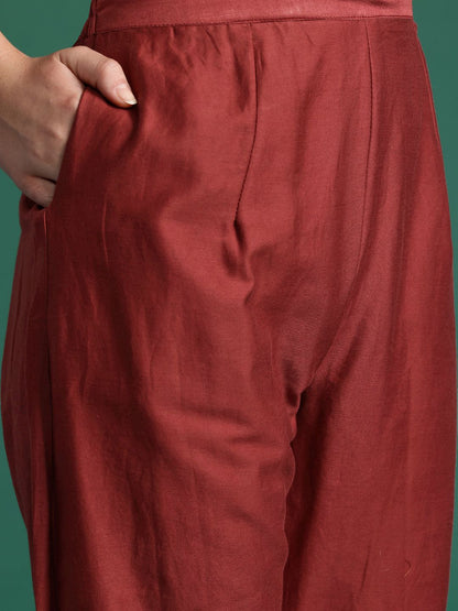 Indyancart IE Ethnic Motifs Embroidered Thread Work Chanderi Silk Kurta With Trousers & Dupatta