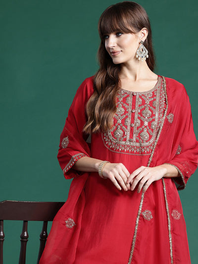 Indyancart IE Ethnic Motifs Embroidered Liva Kurta With Trousers & Dupatta
