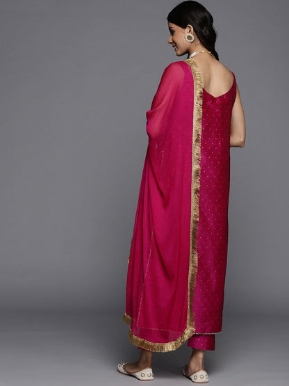 Indyancart VA Women's Magenta Foil Printed Sleevless Kurta and Trouser with Dupatta