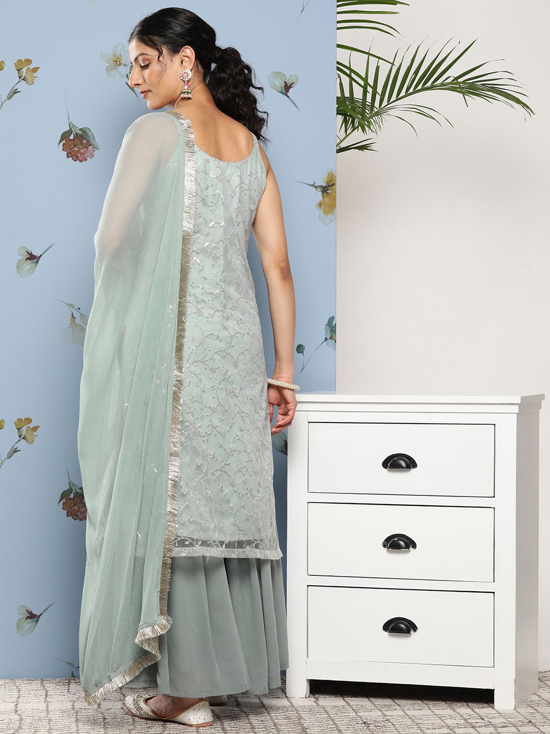 Indyancart VA Women Floral Embroidered Sequinned Kurta With Sharara & Dupatta