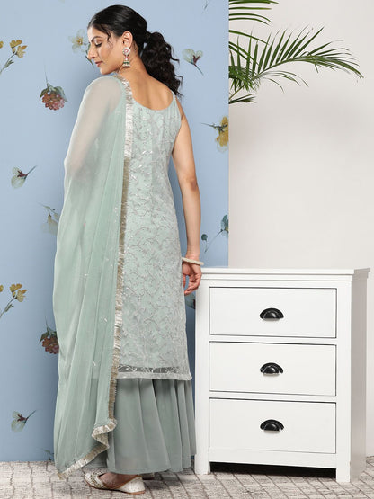 Indyancart VA Women Floral Embroidered Sequinned Kurta With Sharara & Dupatta