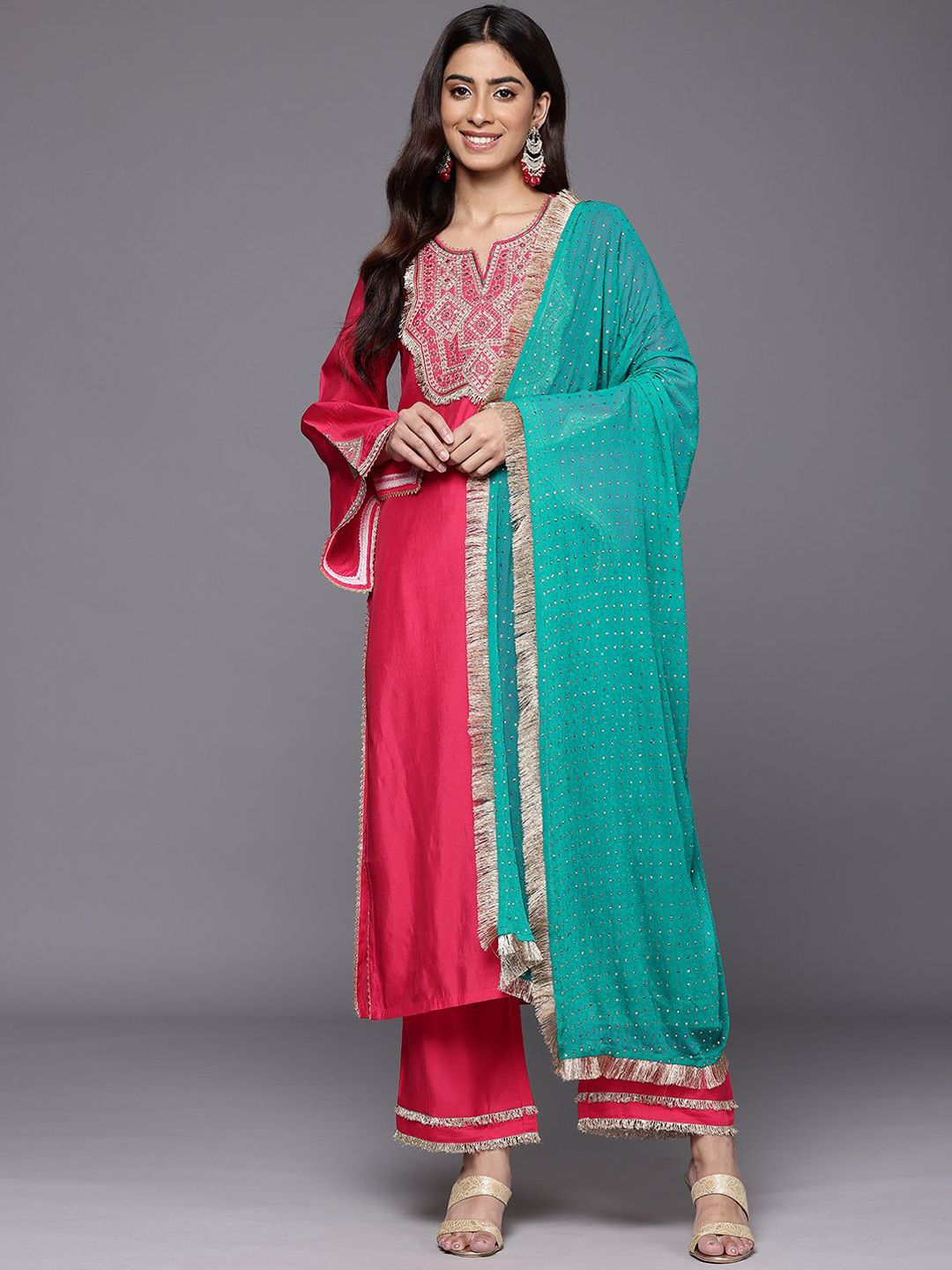 Indyancart VA Geometric Embroidered Mirror Work Straight Kurta with Palazzo & Dupatta