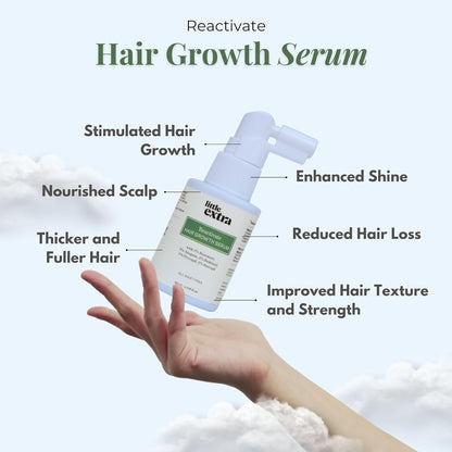 Little Extra Reactivate Hair Growth Serum in a sleek bottle, designed to promote thicker, healthier hair.