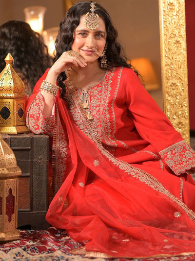 Indyancart IE Ethnic Motifs Embroidered Zari A-Line Kurta With Trousers & Dupatta