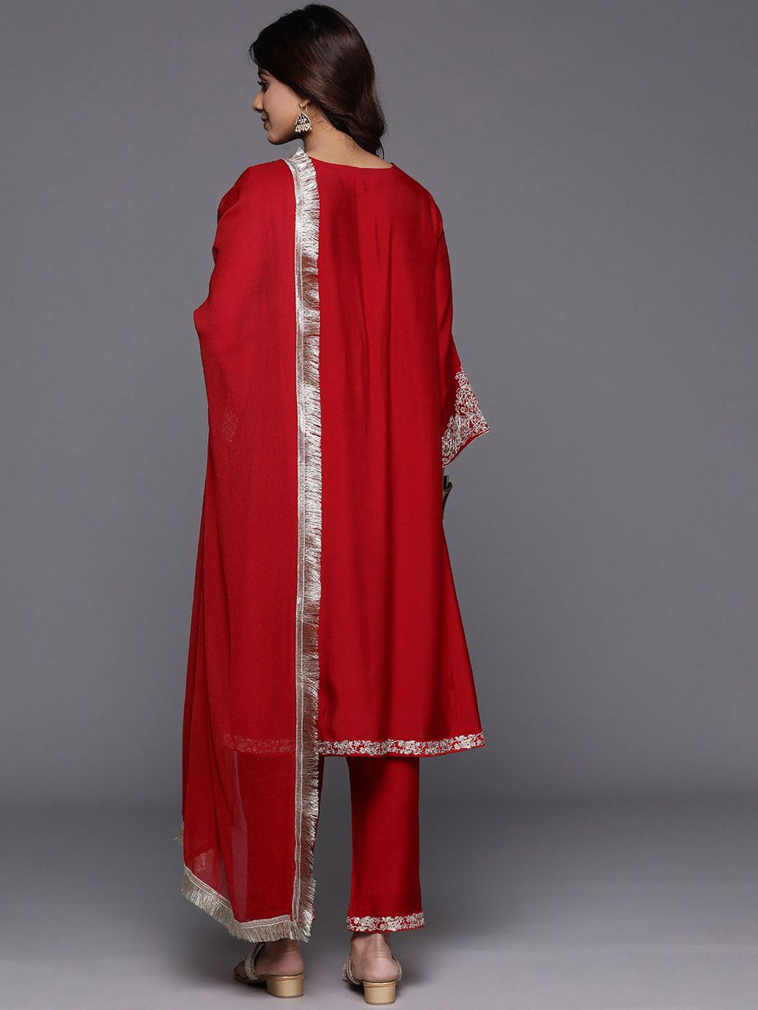 Indyancart VA Women'sFloral Embroidered Sequinned A-Line Kurta with Trousers with Dupatta