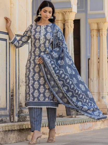 Indyancart VA Women'sEthnic Motifs Printed Regular Thread Work Kurta with Trouser & Dupatta