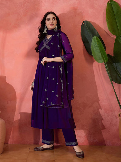 Indyancart SN Women's Solid Floral Embroidered A-Line Pleated Empire Kurta & Trousers With Dupatta