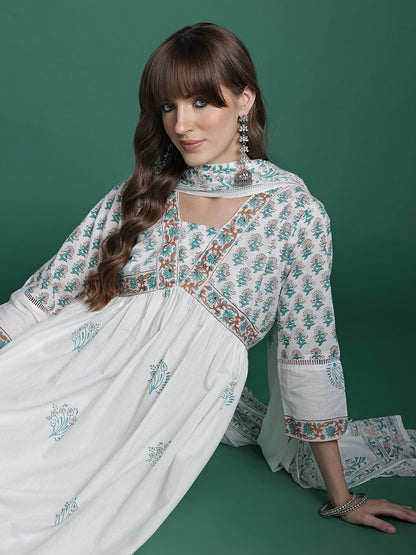 Floral Printed Empire Pure Cotton Kurta with Trousers & Dupatta