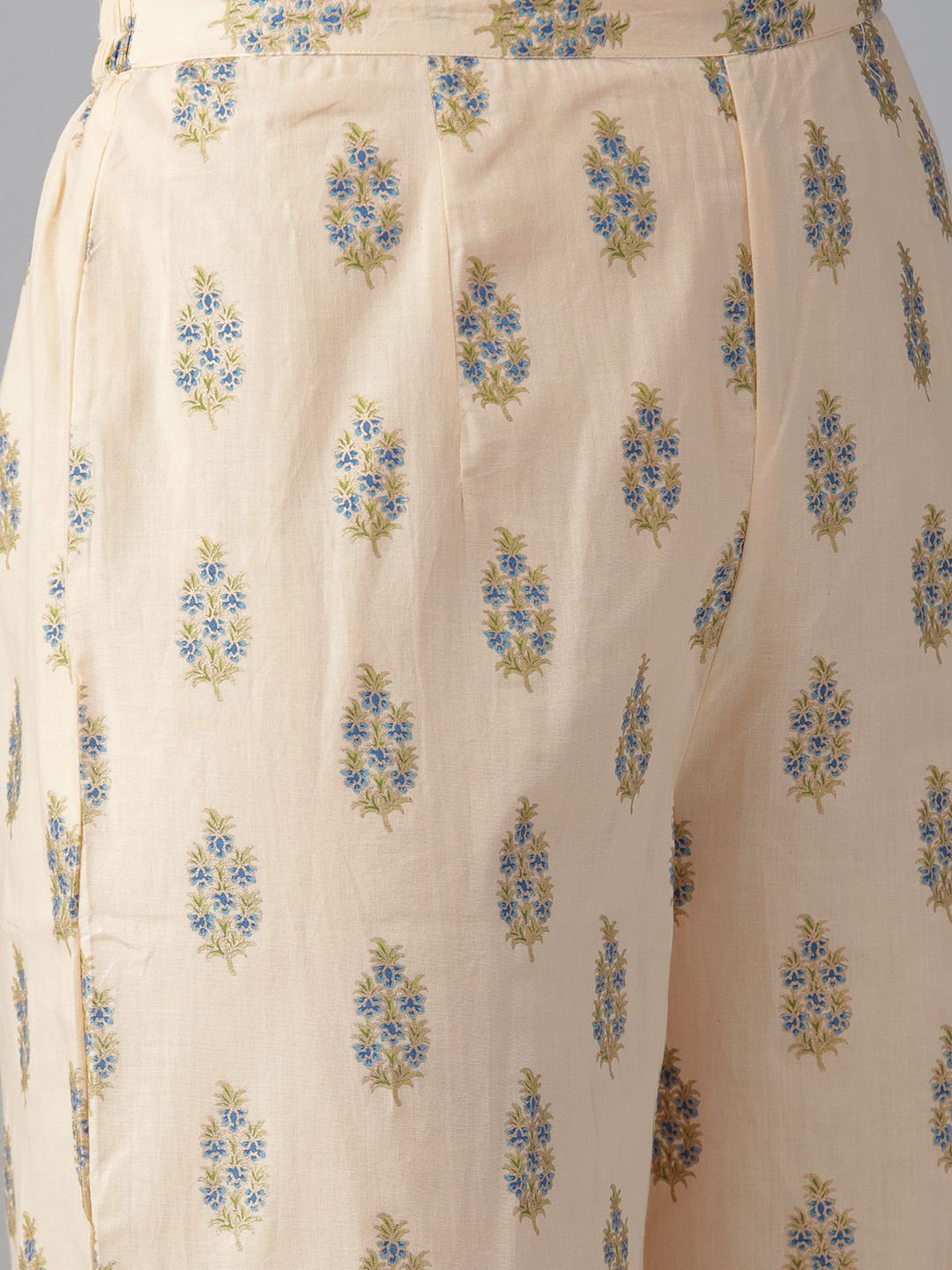 Indyancart IE Women Beige & Navy Blue Foil Printed Kurta with Palazzos & Dupatta