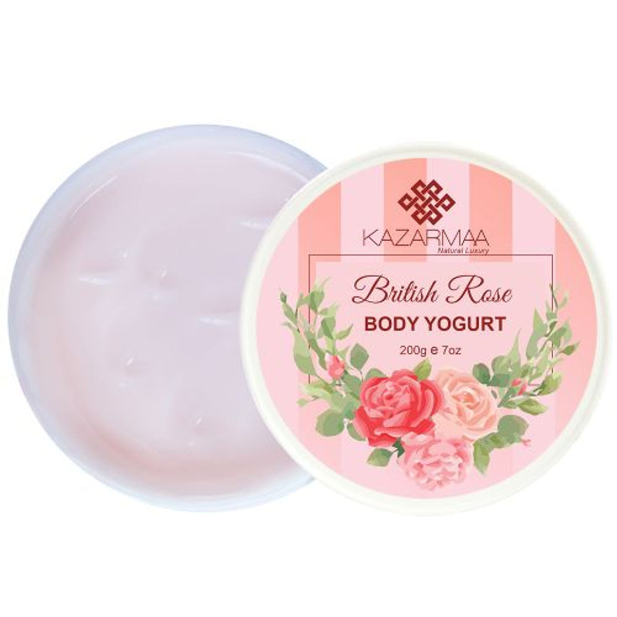 Kazarmaa British Rose Body Yogurt with argan oil and shea butter, showing creamy texture and rose fragrance in a jar.