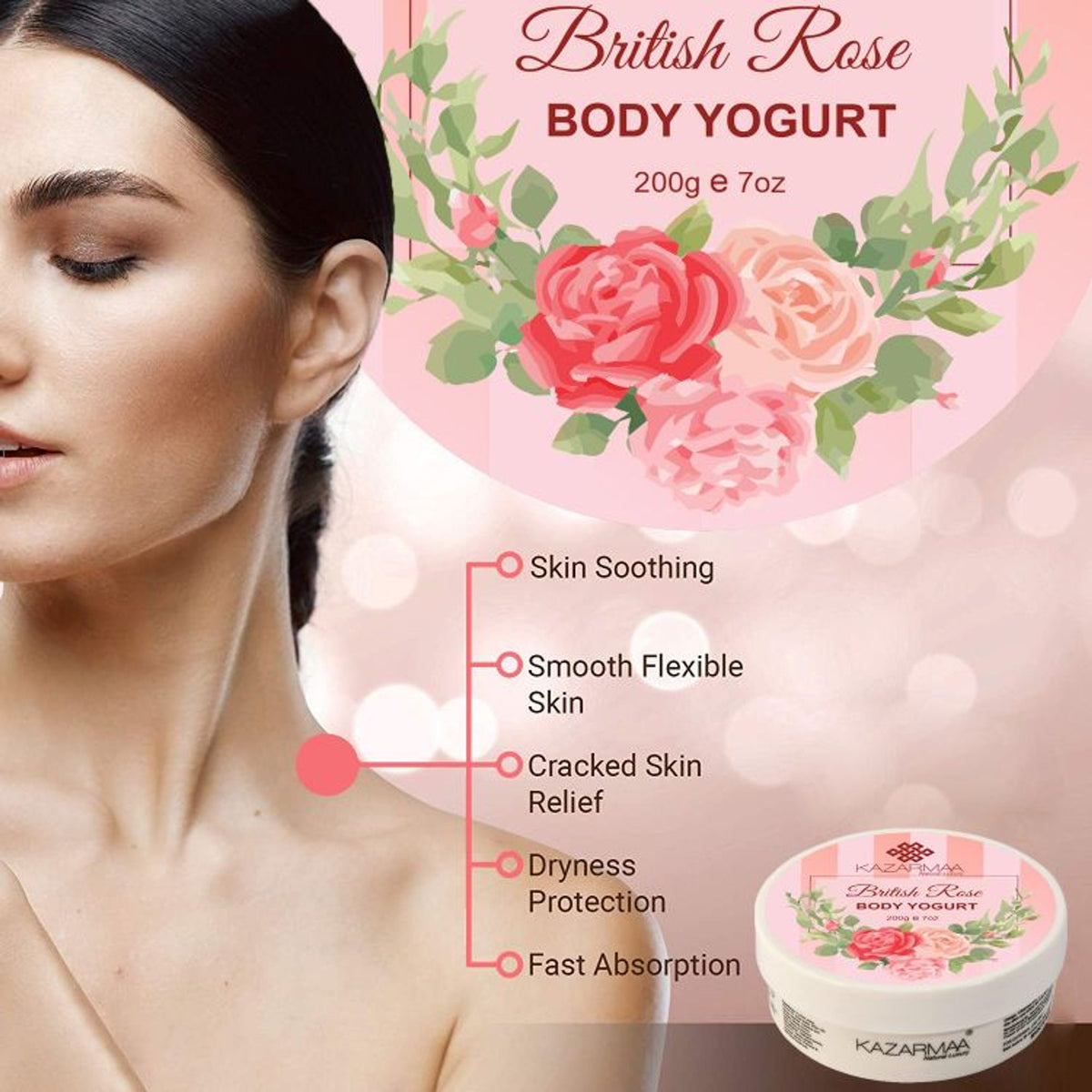 Kazarmaa British Rose Body Yogurt with rich argan oil and shea butter, showing smooth, creamy texture in a jar.
