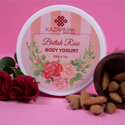 Kazarmaa British Rose Body Yogurt with rich argan oil and shea butter, showing the creamy moisturizer and rose scent.