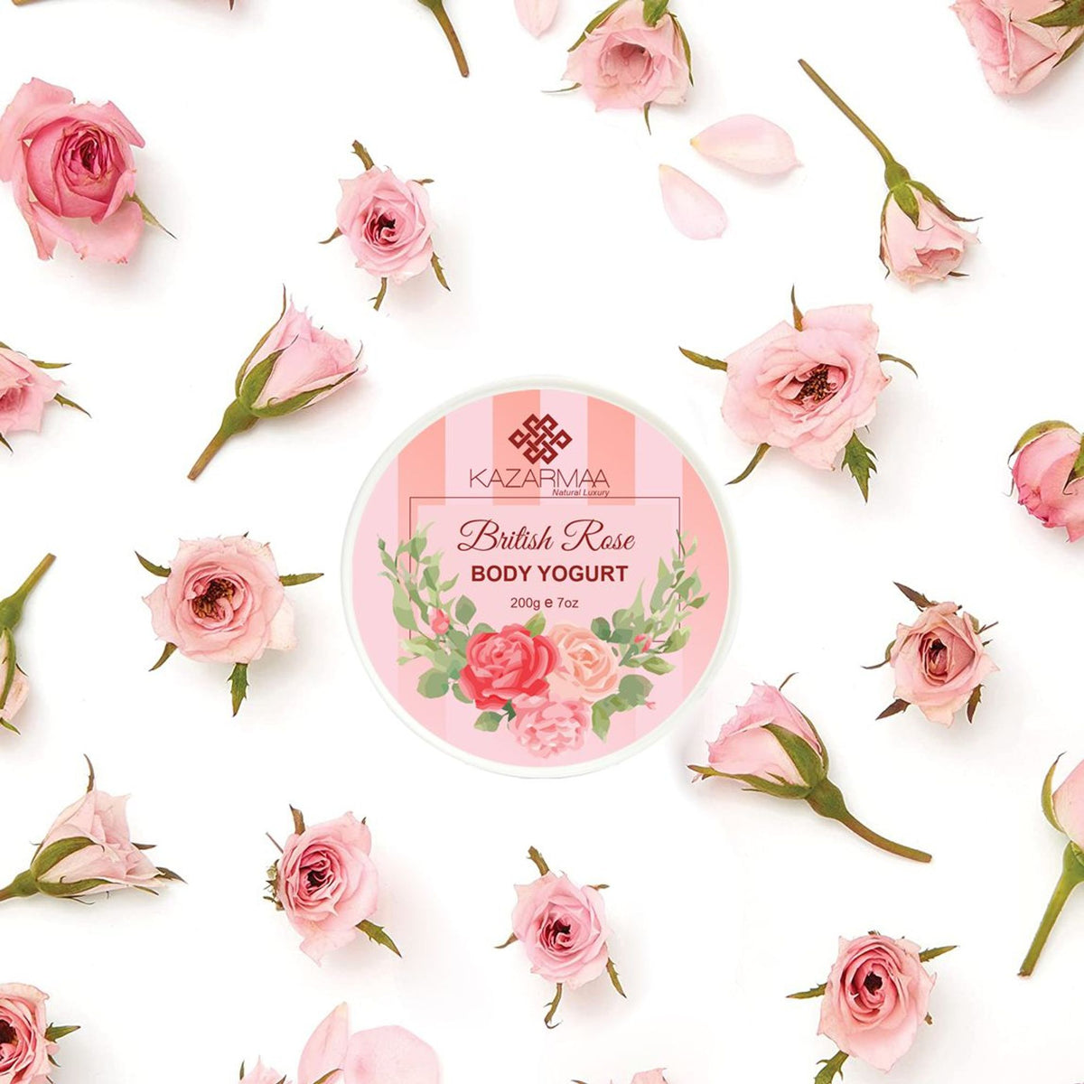 Kazarmaa British Rose Body Yogurt with argan oil and shea butter, showcasing the rich, creamy moisturizer in a jar.