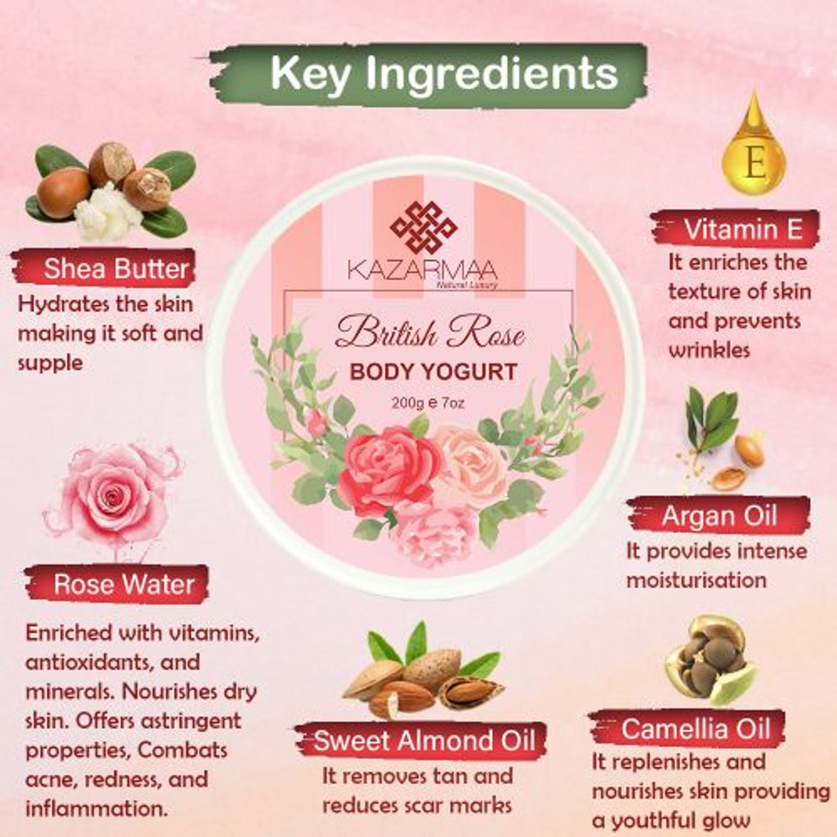 Kazarmaa British Rose Body Yogurt with argan oil and shea butter, showing a smooth, pink body moisturizer jar.