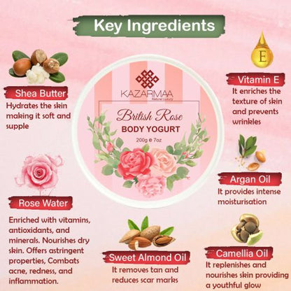 Kazarmaa British Rose Body Yogurt with argan oil and shea butter, showing a smooth, pink body moisturizer jar.