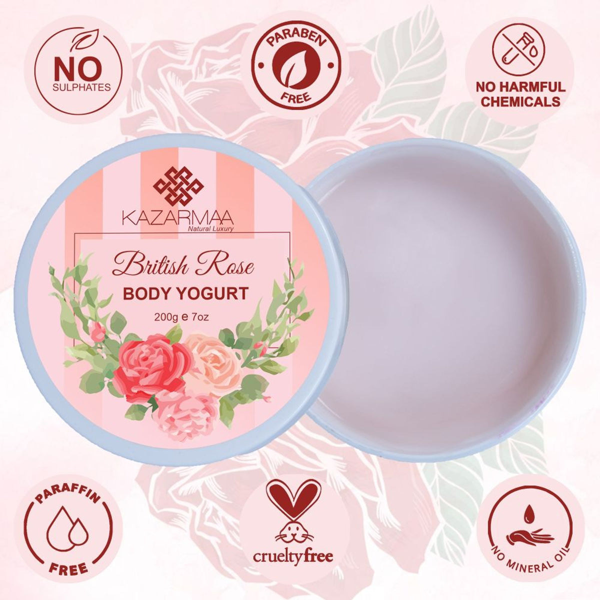Kazarmaa British Rose Body Yogurt with rich argan oil and shea butter, showing a smooth, pink creamy moisturizer in a jar