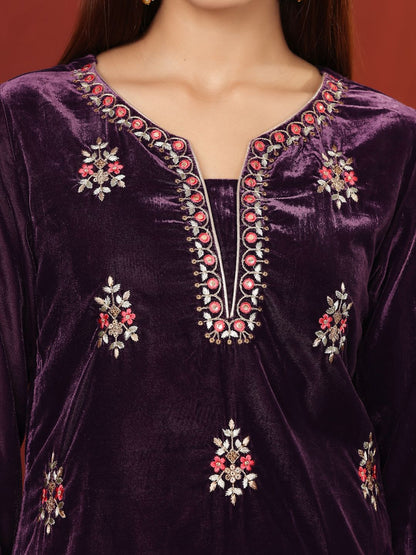 Indyancart VA Floral Embroidered Regular Velvet Straight Kurta with Palazzos & Dupatta