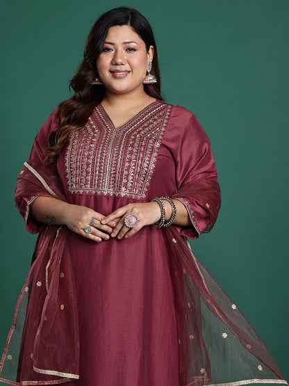 Indyancart IE Plus Size Ethnic Motifs Embroidered Sequinned Kurta With Trousers & Dupatta