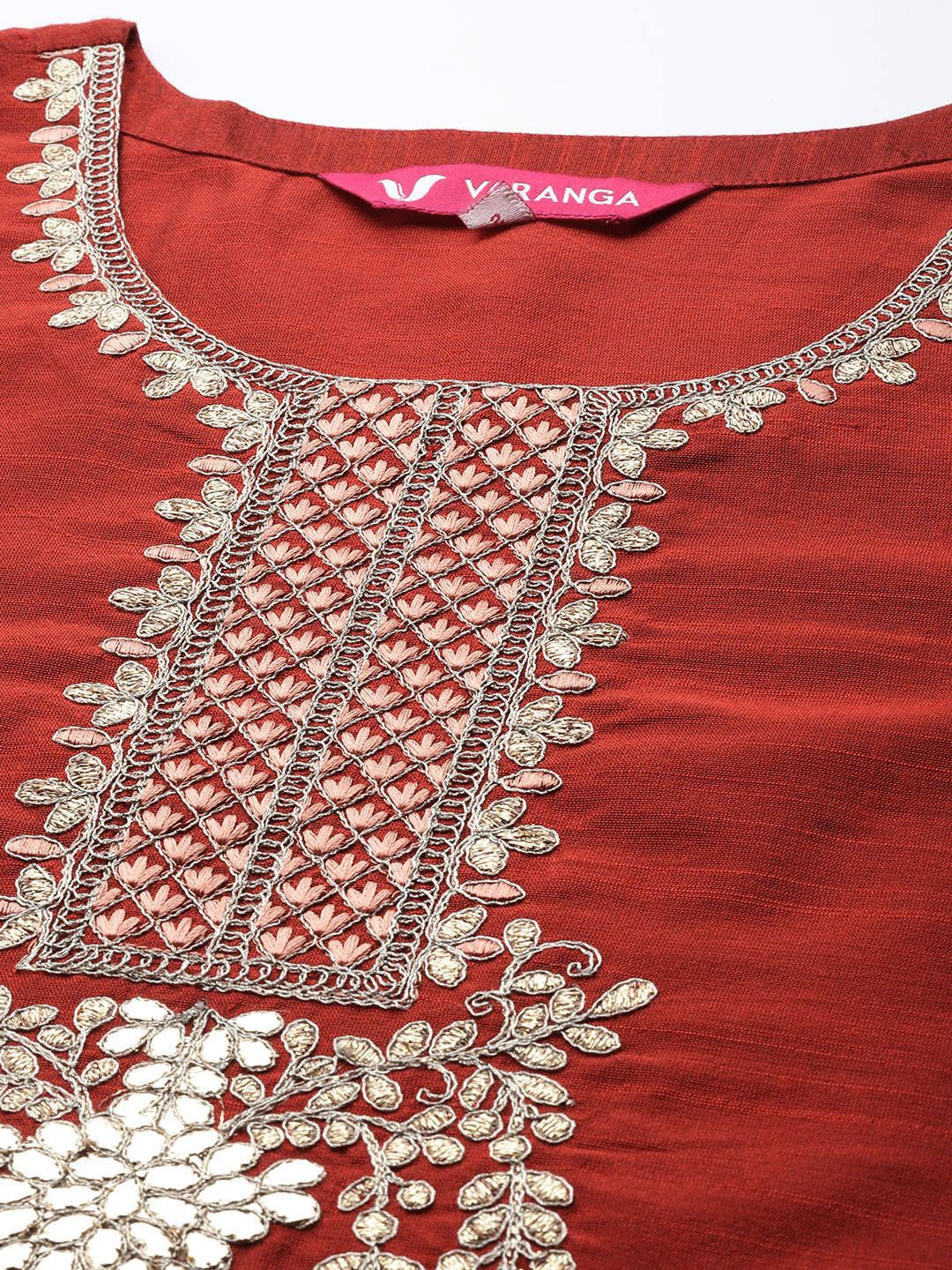 Indyancart VA Women's Rust Ethnic Motifs Embroidered Dupion Silk Kurta with Trousers & With Dupatta