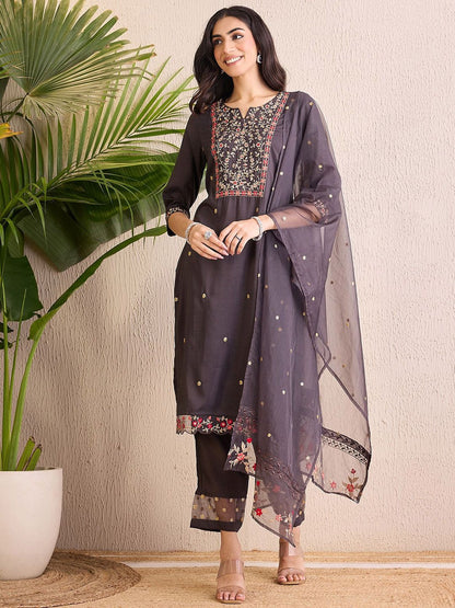 Dhiyona IE Floral Embroidered Notch Neck Straight Kurta With Trousers & Dupatta