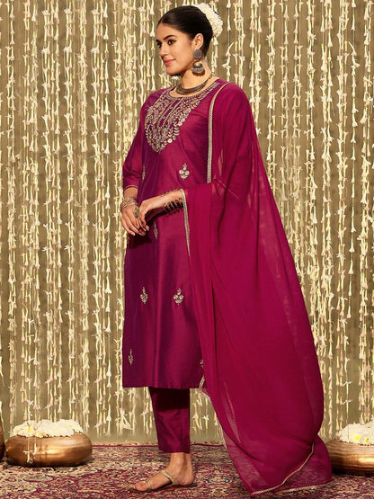 Indyancart IE Floral Embroidered Regular Kurta with Trousers & Dupatta