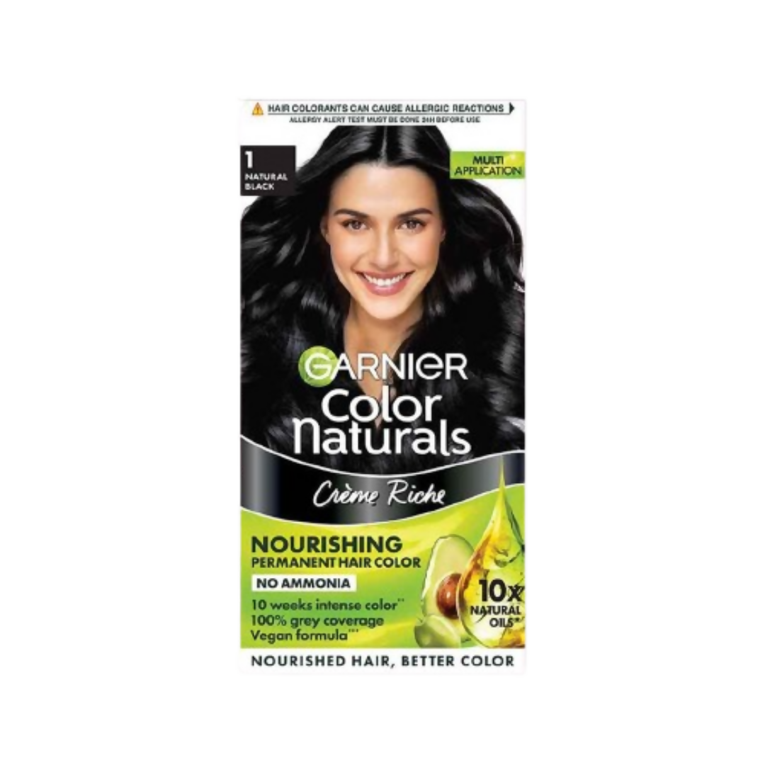 Garnier Color Naturals Creme Riche hair color in Shade 1 Natural Black, showing the rich, creamy hair dye packaging.