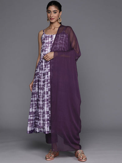 Indyancart VA Women'sAbstract Printed Panelled Chanderi Silk A-Line Kurta With Trousers & Dupatta