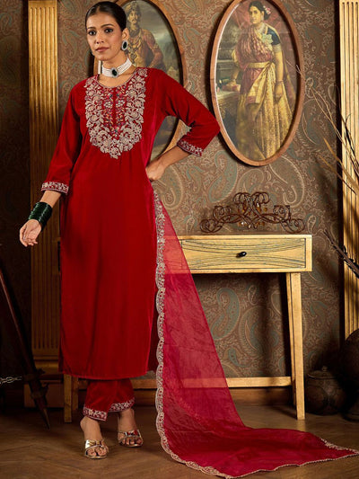 Indyancart IE Ethnic motifs Embroidered Thread Work Straight Kurta with Trousers & Dupatta