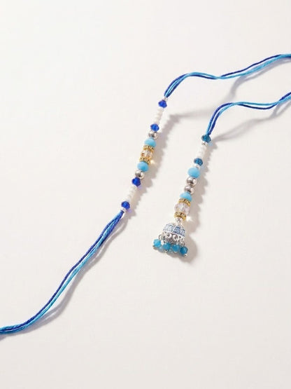 Anouk Set Of 2 Blue Artificial Beads Jhumka Design Bhaiya Bhabhi Rakhi With Roli Chawal