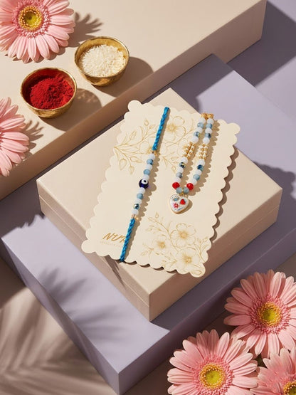 Anouk Set Of 2 Evil Eye Beaded Gold Toned Bhaiya Bhabhi Rakhi With Roli Chawal Chandan