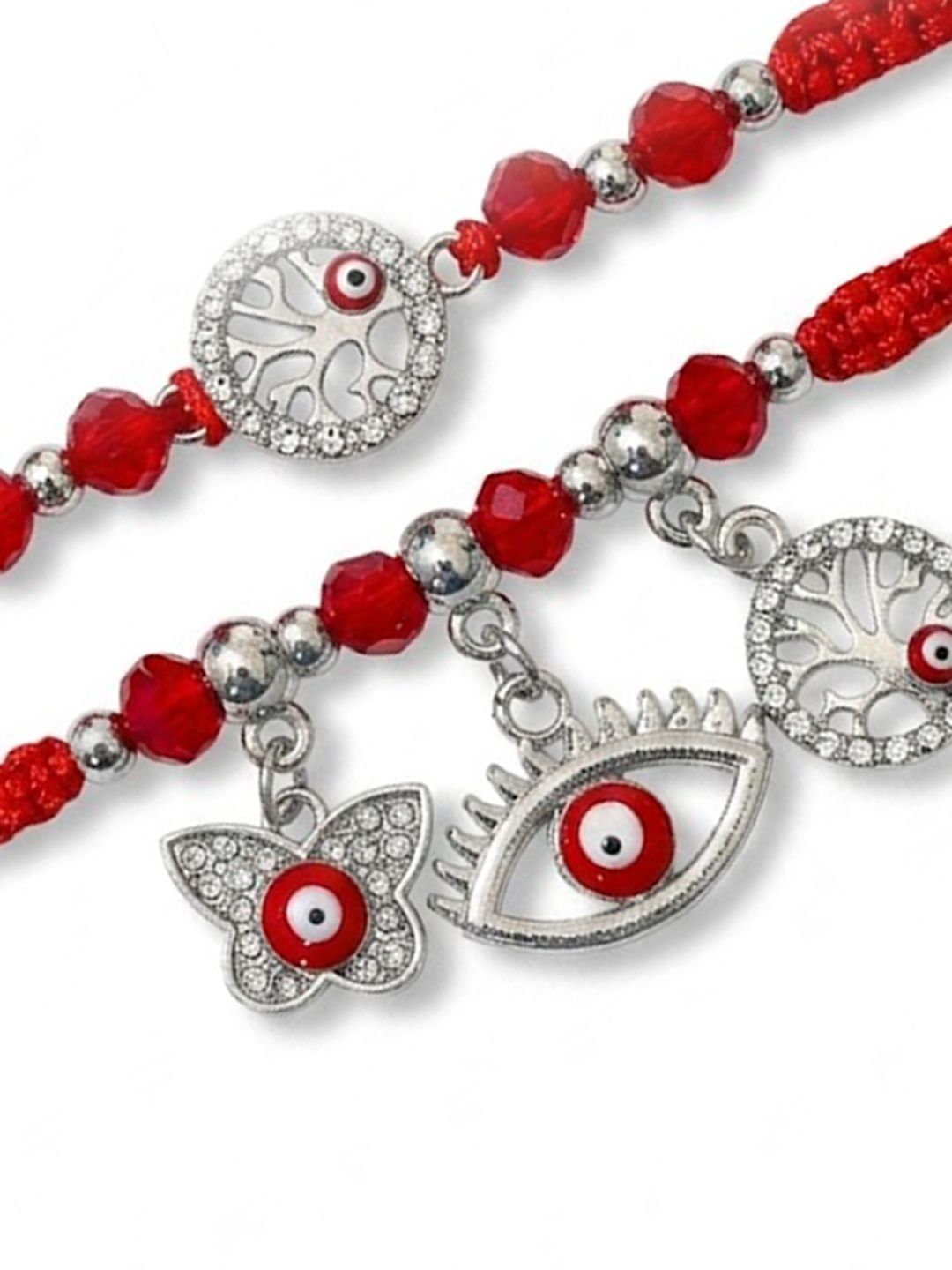 Anouk Set Of 2 Red & Silver Evil Eye Design Bhaiya Bhabhi Rakhi With Roli Chawal Chandan