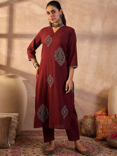 Indyancart IE Ethnic Motifs Embroidered Thread Work Pure Cotton Kurta With Trousers & Dupatta