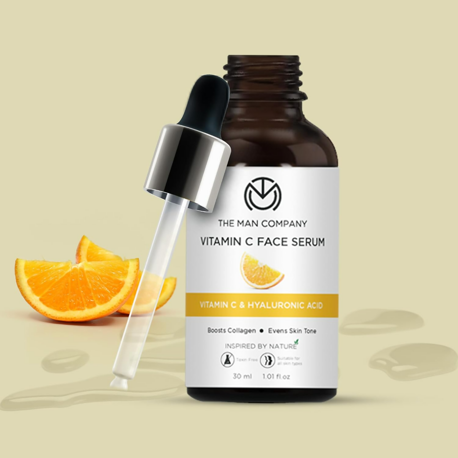 The Man Company 40% Vitamin C Face Serum bottle with dropper, showcasing a skincare serum for brightening and revitalizing skin.