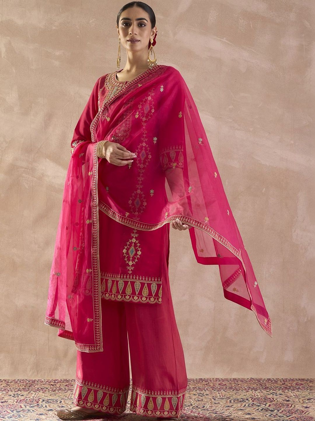 Indyancart IE Women Ethnic Motifs Embroidered Regular Sequinned Kurta with Palazzos & With Dupatta