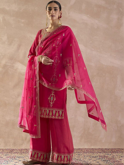 Indyancart IE Women Ethnic Motifs Embroidered Regular Sequinned Kurta with Palazzos & With Dupatta