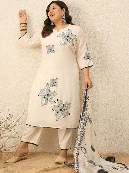 Indyancart Women's Floral Printed Regular Pure Cotton Kurta with Trousers & With Dupatta