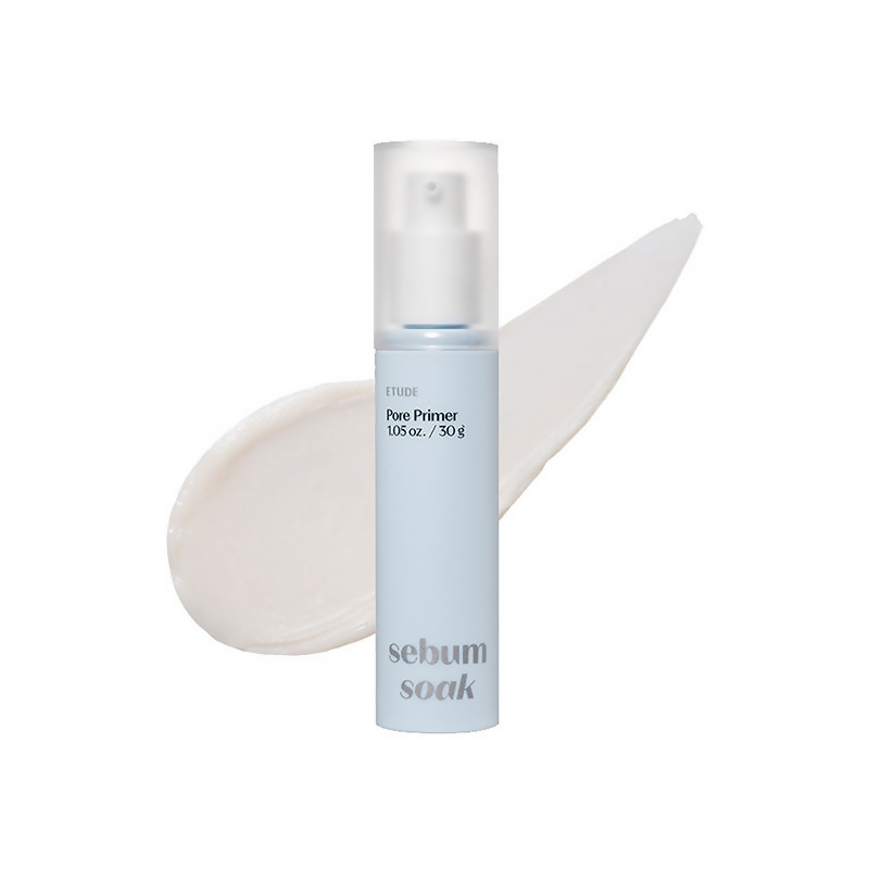 Etude House Sebum Soak Pore Primer in a sleek tube, designed to minimize pores and control shine for a smooth, matte finish.