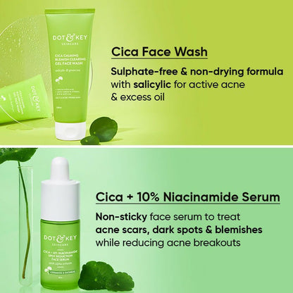 Dot & Key Cica + Niacinamide sunscreen for oily, acne-prone skin, shown in a sleek tube with fresh, natural ingredients.